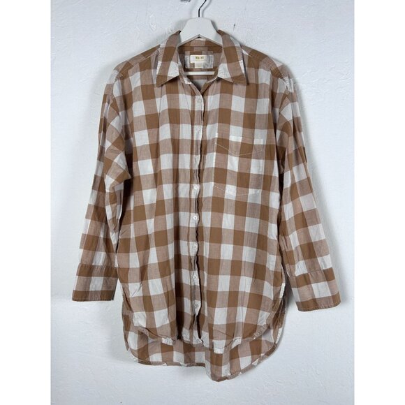 Maeve Tops - Maeve By Anthropologie Womens Tan White Gingham Button-Up Shirt Tunic Top Small